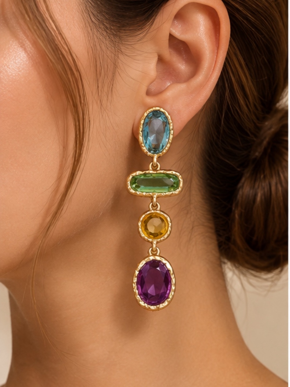 Anthropologie Blue, Green, Yellow & Purple Gem Drop Earrings - Gold Tone